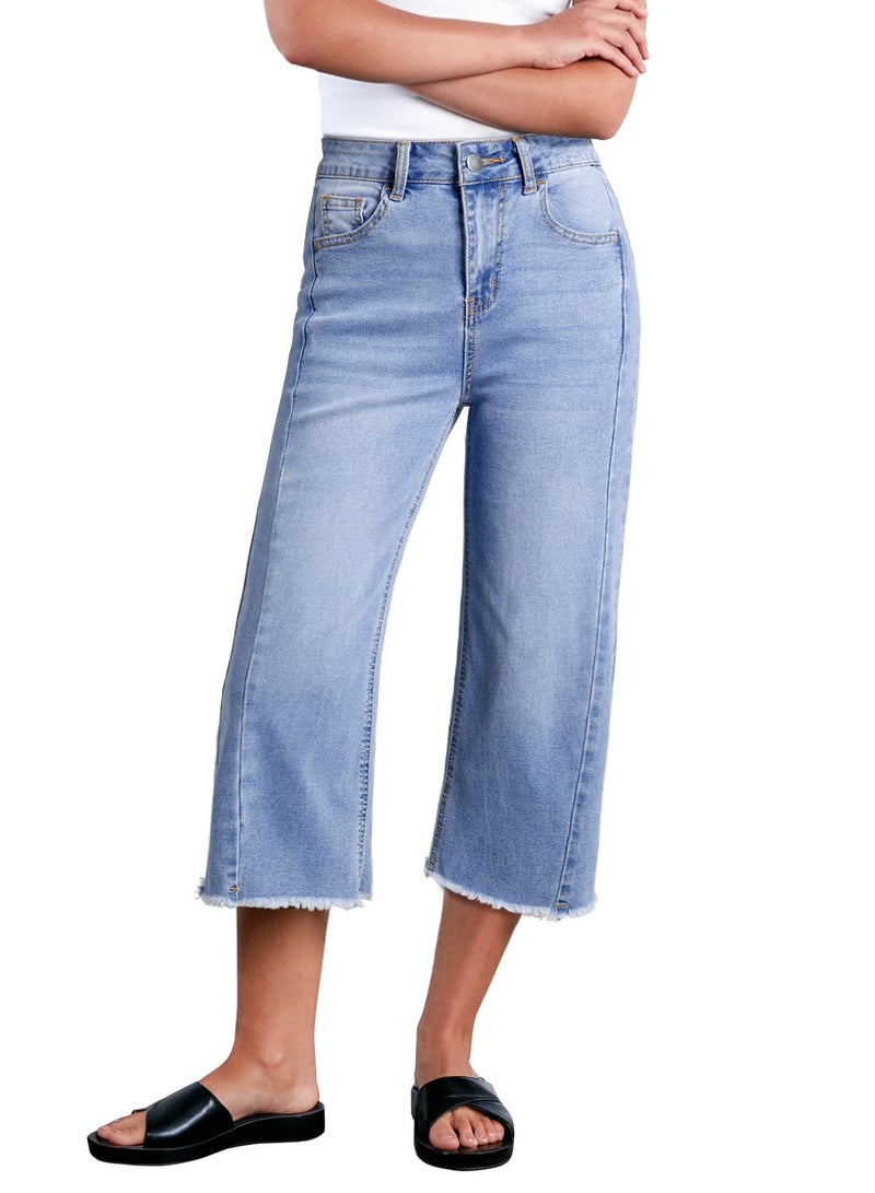 Sidefeel Women's High Waisted Jeans Stretchy Wide Leg Raw Hem Capri Pants Size 12 Sky Blue - Image 1