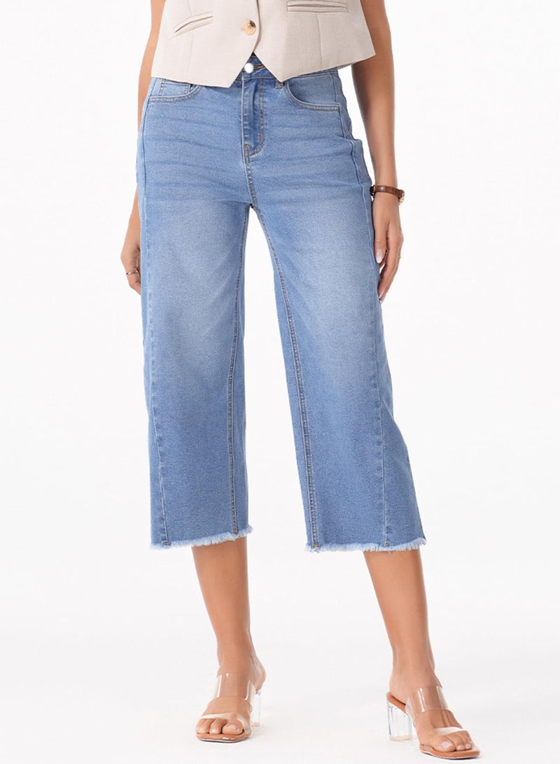 Sidefeel Women's High Waisted Jeans Stretchy Wide Leg Raw Hem Capri Pants Size 12 Sky Blue - Image 4