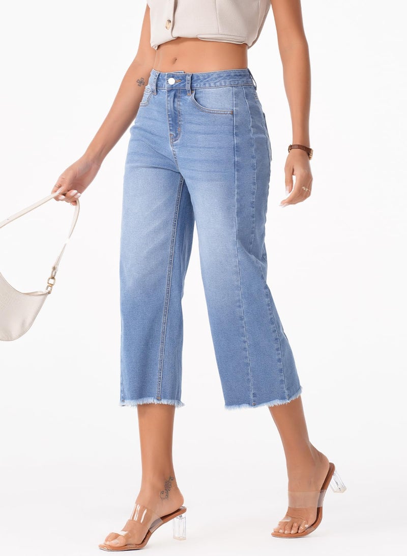 Sidefeel Women's High Waisted Jeans Stretchy Wide Leg Raw Hem Capri Pants Size 12 Sky Blue - Image 3