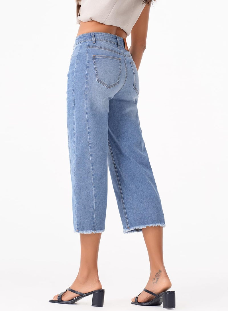 Sidefeel Women's High Waisted Jeans Stretchy Wide Leg Raw Hem Capri Pants Size 12 Sky Blue - Image 2