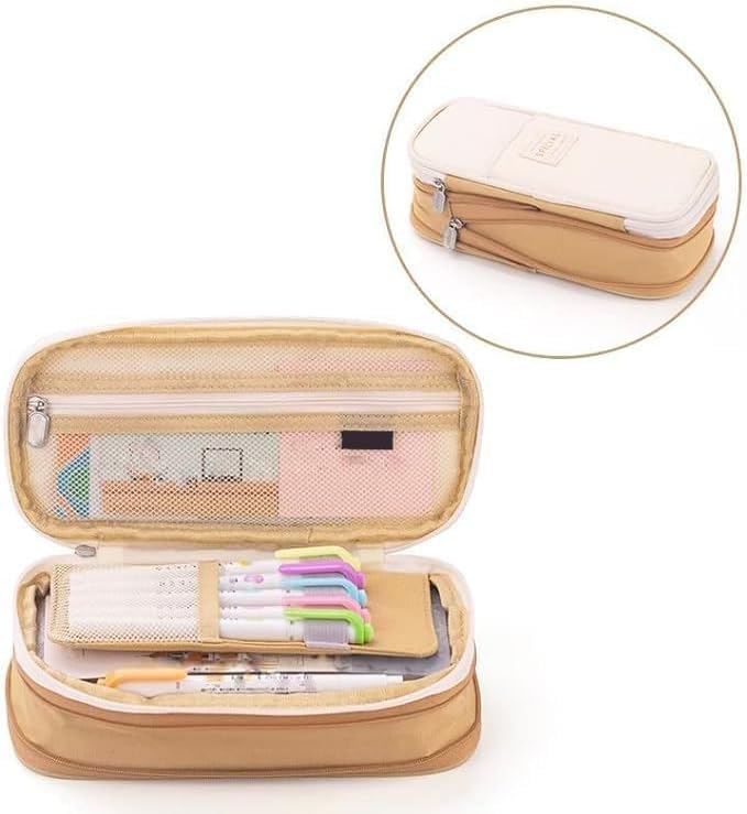 LABUK Capacity Pencil Case Pouch, Cute Big Capacity Zipper Cases Pen Portable Office Stationery Makeup Bag, Desk Organizer for College Adults Women Men (Cotton Khakhi) - Image 2