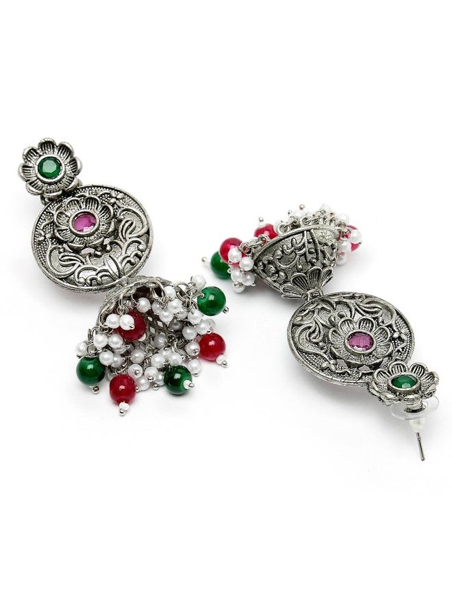 ADIVA Oxidised Silver-Plated Blue Stone Studded & Pearls Handcrafted Drop Earrings Set for women, Traditional Stylish Jhumka for Girls Party, Wedding, Festive - Image 2