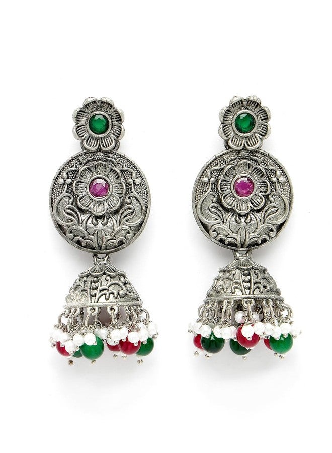 ADIVA Oxidised Silver-Plated Blue Stone Studded & Pearls Handcrafted Drop Earrings Set for women, Traditional Stylish Jhumka for Girls Party, Wedding, Festive - Image 1