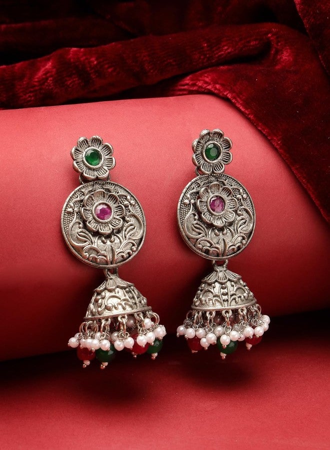 ADIVA Oxidised Silver-Plated Blue Stone Studded & Pearls Handcrafted Drop Earrings Set for women, Traditional Stylish Jhumka for Girls Party, Wedding, Festive - Image 3