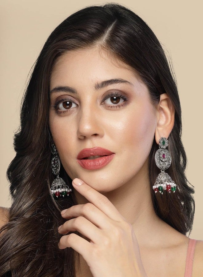 ADIVA Oxidised Silver-Plated Blue Stone Studded & Pearls Handcrafted Drop Earrings Set for women, Traditional Stylish Jhumka for Girls Party, Wedding, Festive - Image 4