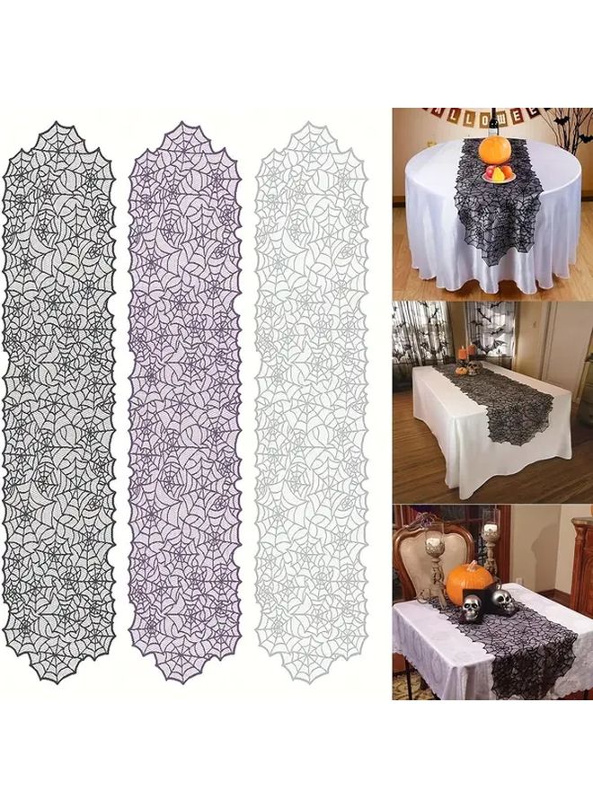 White Halloween Tablecloth 72x13in Spider Web Lace Design Gothic Decor For Holiday Parties - Image 1