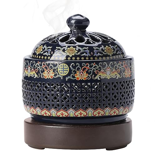 ISSNW Ceramic Holder Electric Incense Burner Enamel Built-in LED Lights Simulate Flames, Classical, Elegant and High-end Hollow Design - Image 1