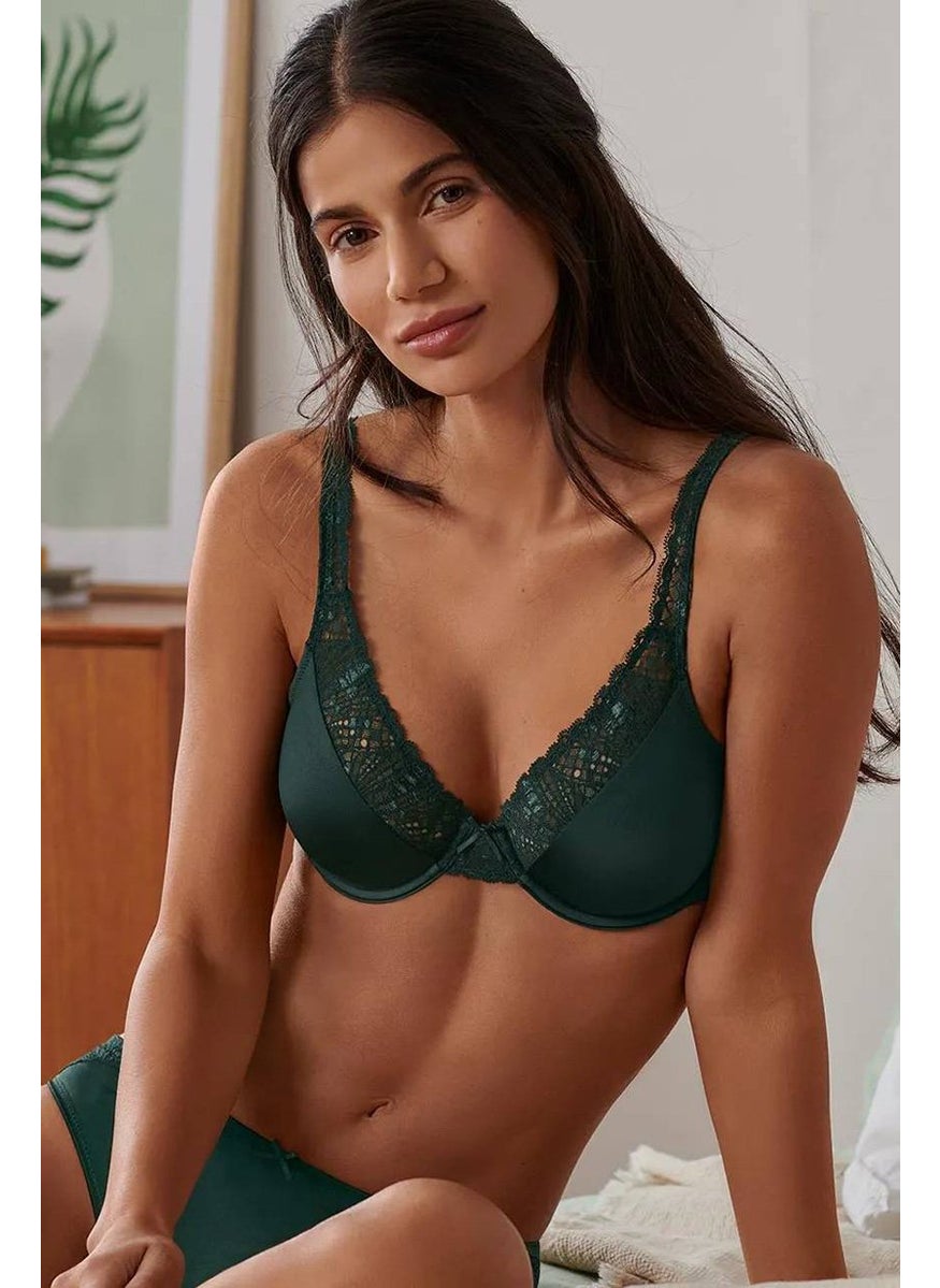 Tchibo Women Underwire Non Padded Lace Bra, Green  - Image 1