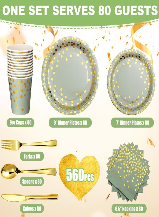 Sieral 560 Pcs Sage Green Plates and Napkins Party Supplies for 80 Guests, Disposable Gold Dot Paper Plates Napkins Cups Gold Forks Knives Spoons for Birthday Wedding Baby Shower Party - Image 2