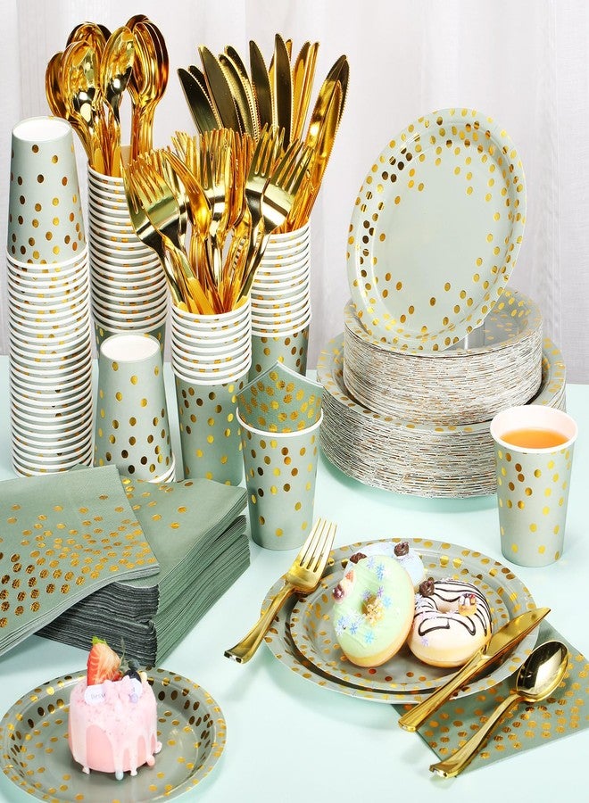 Sieral 560 Pcs Sage Green Plates and Napkins Party Supplies for 80 Guests, Disposable Gold Dot Paper Plates Napkins Cups Gold Forks Knives Spoons for Birthday Wedding Baby Shower Party - Image 3