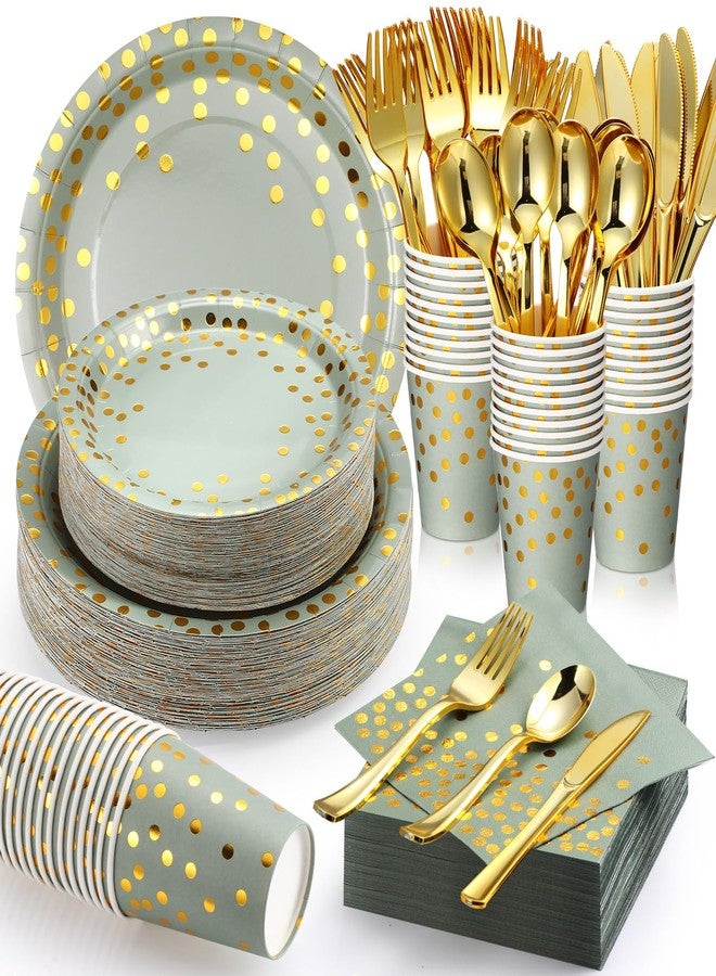 Sieral 560 Pcs Sage Green Plates and Napkins Party Supplies for 80 Guests, Disposable Gold Dot Paper Plates Napkins Cups Gold Forks Knives Spoons for Birthday Wedding Baby Shower Party - Image 1