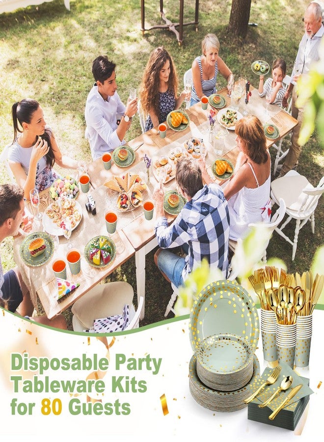 Sieral 560 Pcs Sage Green Plates and Napkins Party Supplies for 80 Guests, Disposable Gold Dot Paper Plates Napkins Cups Gold Forks Knives Spoons for Birthday Wedding Baby Shower Party - Image 5