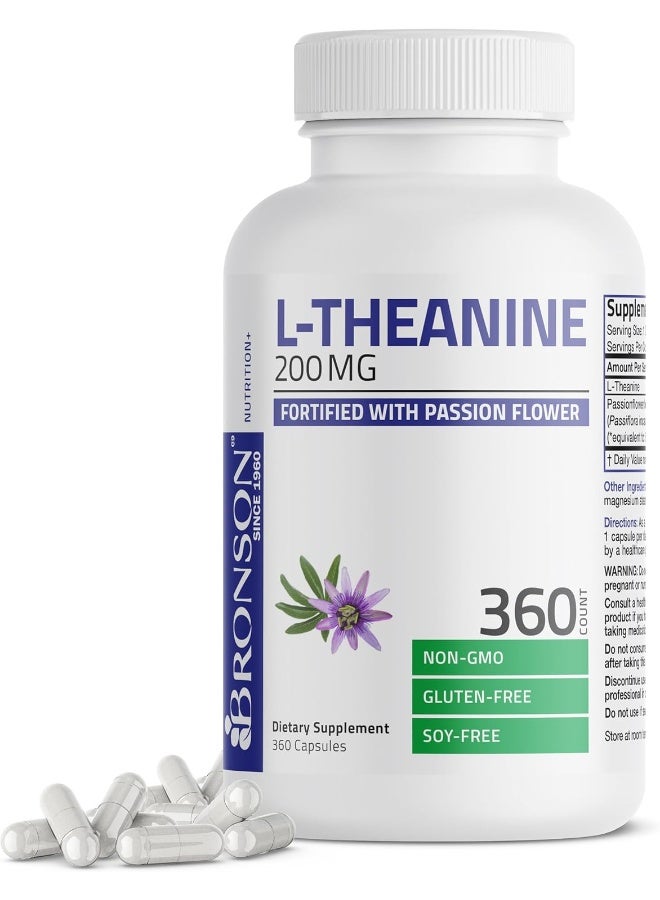 برونسون إل-ثيانين 200 ملغ قوة مضاعفة مع عشبة زهرة الآلام، مكمل غذائي غير معدل وراثيًا وخالي من الغلوتين وخالي من الصويا لإدارة التوتر، 360 كبسولة - Image 3