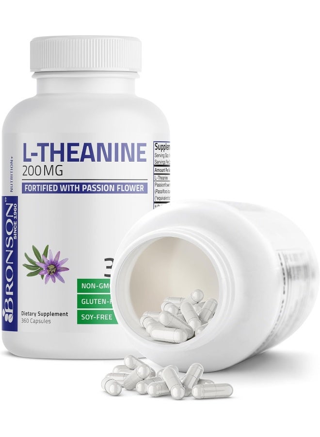 برونسون إل-ثيانين 200 ملغ قوة مضاعفة مع عشبة زهرة الآلام، مكمل غذائي غير معدل وراثيًا وخالي من الغلوتين وخالي من الصويا لإدارة التوتر، 360 كبسولة - Image 4