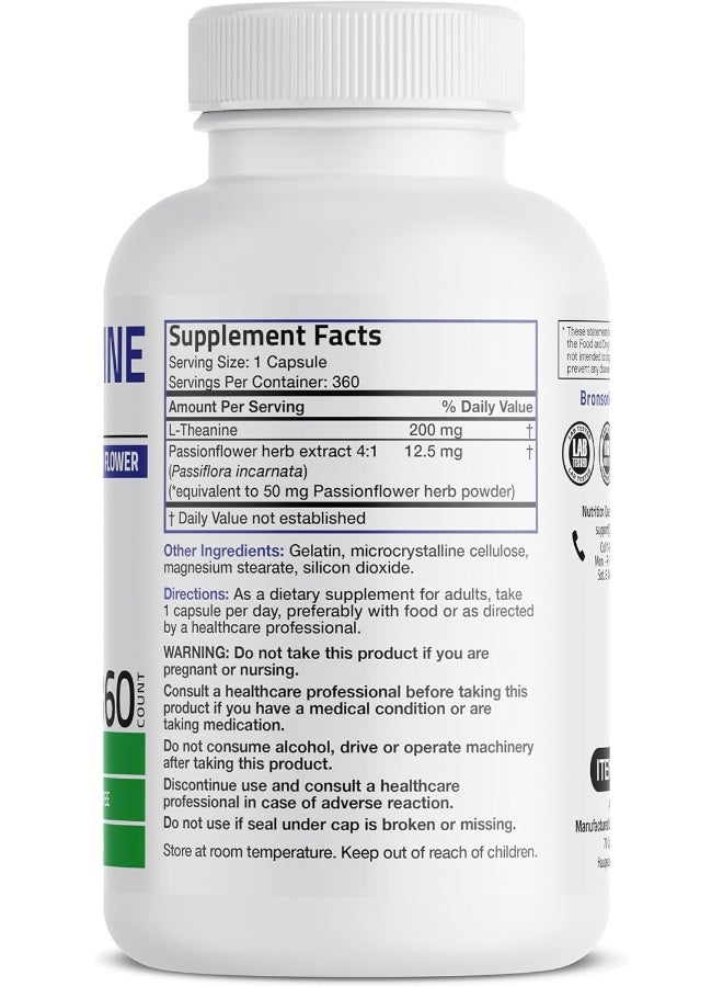 برونسون إل-ثيانين 200 ملغ قوة مضاعفة مع عشبة زهرة الآلام، مكمل غذائي غير معدل وراثيًا وخالي من الغلوتين وخالي من الصويا لإدارة التوتر، 360 كبسولة - Image 2