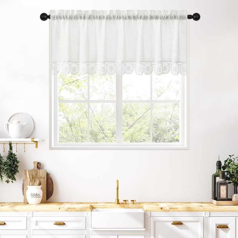 Gibelle Boho Kitchen Valances for Windows, White Linen Valance Curtains for Living Room/Bedroom, French Country Fabric Topper Window Curtain with Tassel, 56â€™â€™W x 18â€™â€™L - Image 1