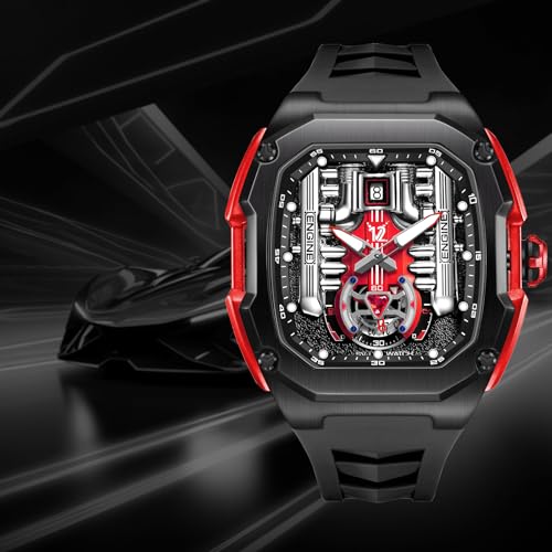 LILUOKE Phantom Engine Watch Mens Luxury Sports Watch Inspired by RollsRoyes V12 Engine Design Skeleton Dial Luminous Hands Silicone Strap DTLK9031G02 - Image 3