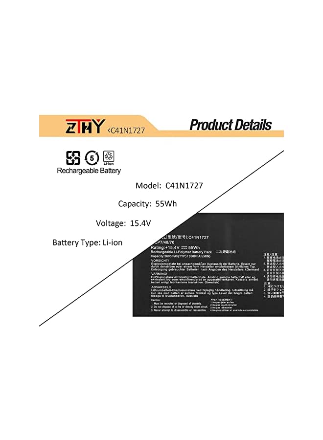 ZTHY New C41N1727 Laptop Battery Replacement For Asus Zephyrus Gm501 Gm501G Gm501Gm Gm501Gs Rog Gu501 Gu501Gm Gm501G-Sei006T Gm501Gs-Ei015T Series Notebook 0B200-02900000 15.4V 55Wh - Image 3