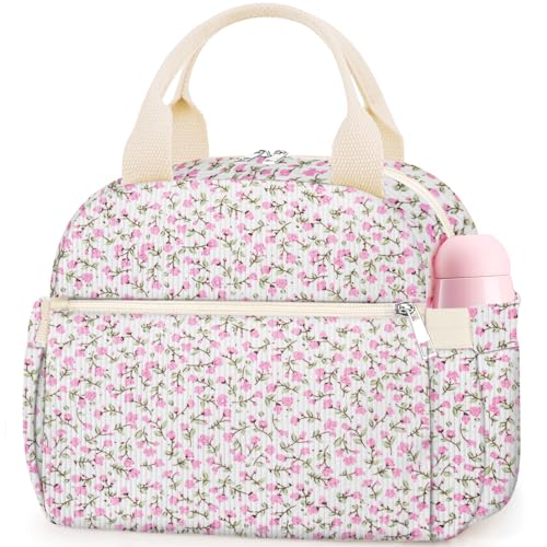 KUBYA Lunch Box for Women Cute Flower Corduroy Insulated Lunch Bag Women Reusable Work Leakproof Simple Adults Large Lunch Boxes Tote Bag Men Cooler Bag - Image 1