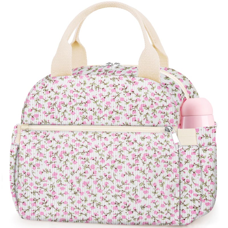 KUBYA Lunch Box for Women Cute Flower Corduroy Insulated Lunch Bag Women Reusable Work Leakproof Simple Adults Large Lunch Boxes Tote Bag Men Cooler Bag - Image 2