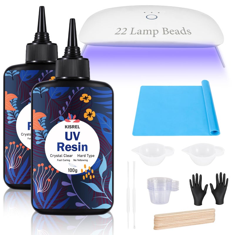 KISREL UV Resin Kit With 22 Lamp Beads Light - Larger Size and 200g Upgraded Hard Type Crystal Clear Resin for Craft Jewelry Making - Image 1