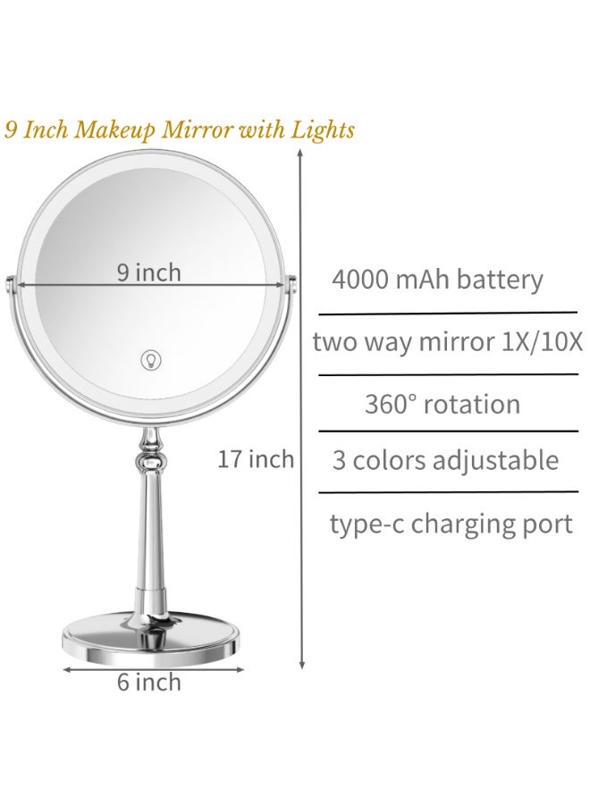 Lovecandy 9" LED Makeup Mirror with Lights, 1X/10X Magnification & 360° Rotation - Dimmable 3-Color Lighting, Rechargeable Vanity Mirror for Desk, Travel, Gifts (Chrome) - Image 3
