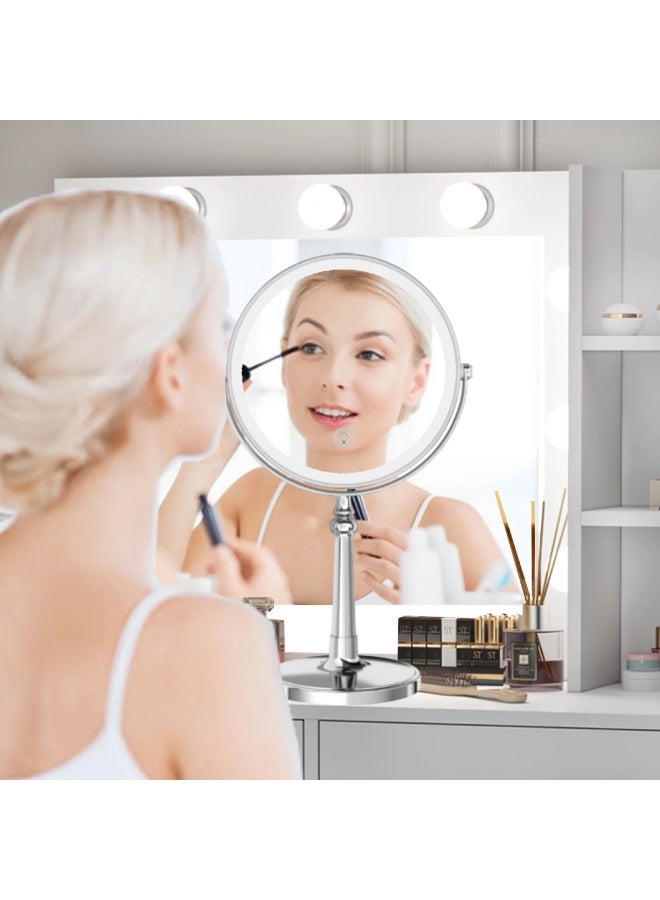 Lovecandy 9" LED Makeup Mirror with Lights, 1X/10X Magnification & 360° Rotation - Dimmable 3-Color Lighting, Rechargeable Vanity Mirror for Desk, Travel, Gifts (Chrome) - Image 2