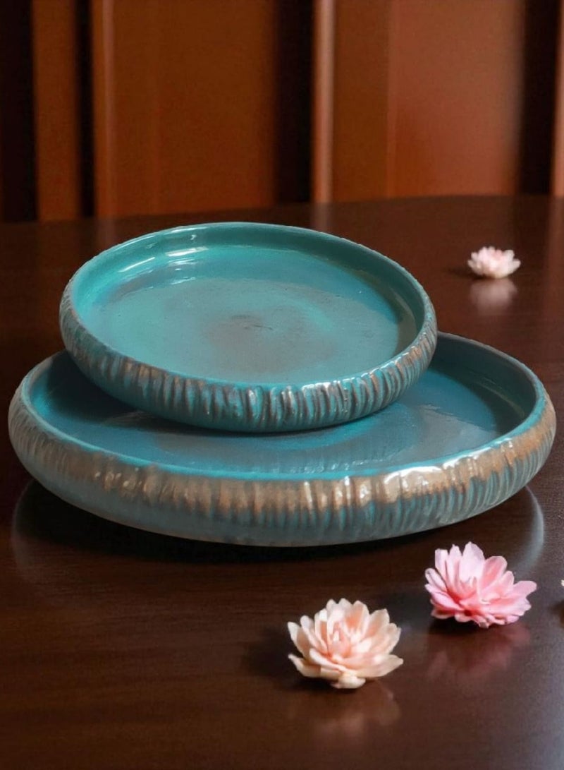 color zone pottery Set of 2 round ceramic and porcelain trays that can withstand direct and indirect heat, flame or oven, 26 cm - Image 1