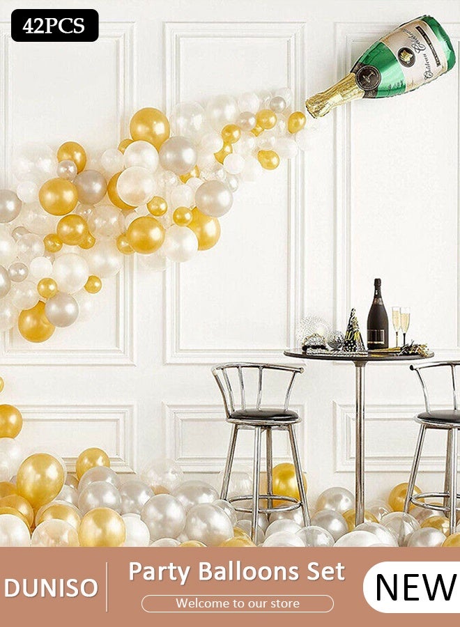 DUNISO 42PCS Champagne Bottle Balloon Garland Arch Kit, Happy New Year Years Decorations, Gold Silver Clear Balloons for Birthday Wedding Baby Shower Bachelorette Anniversary Party Decorations - Image 1