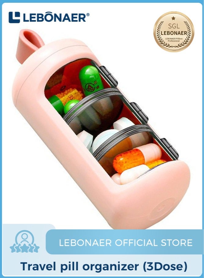 لبونير منظم حبوب، موزع حبوب، زجاجة أدوية بثلاثة أقسام لحفظ الحبوب للتخييم في الهواء الطلق والسفر، لون وردي - Image 1