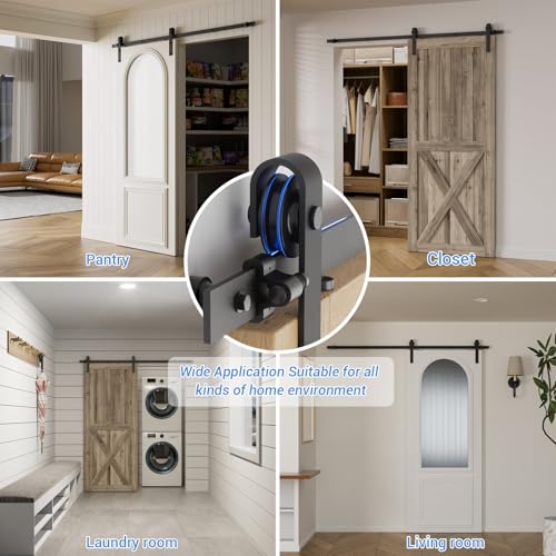 CCJH 8FT Single Sliding Barn Door Hardware Kit Black Basic Roller Carbon Steel Hanger Flat Track System for Closet Kitchen 1 Door 48 inch Wide - Image 4