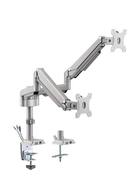 Monitor Arm Pole Mounted Gas Spring Aluminum built Dual Stand for Gaming and Office use with USB Port 17 to 32 inches Silver GGO-2076