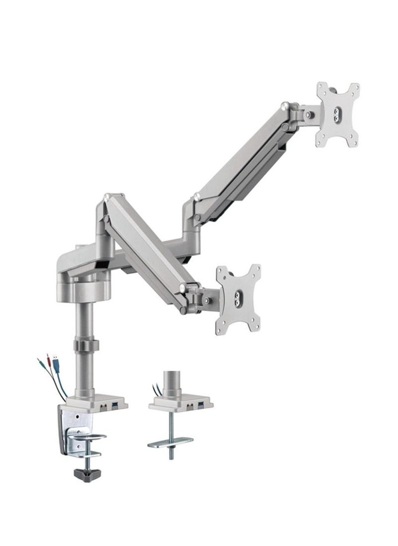 Monitor Arm Pole Mounted Gas Spring Aluminum built Dual Stand for Gaming and Office use with USB Port 17 to 32 inches Silver GGO-2076
