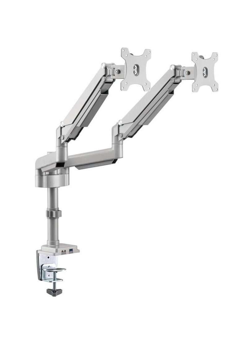 Monitor Arm Pole Mounted Gas Spring Aluminum built Dual Stand for Gaming and Office use with USB Port 17 to 32 inches Silver GGO-2076