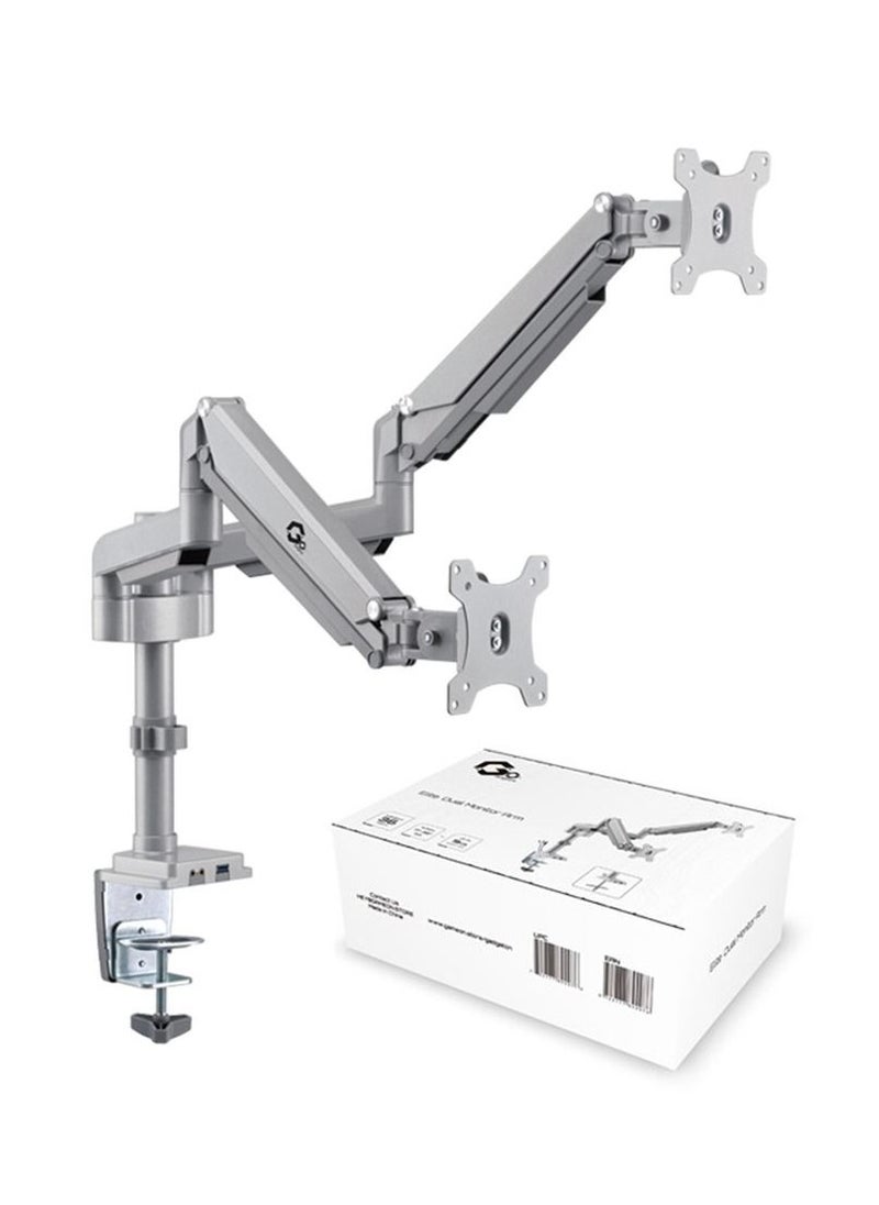 Monitor Arm Pole Mounted Gas Spring Aluminum built Dual Stand for Gaming and Office use with USB Port 17 to 32 inches Silver GGO-2076