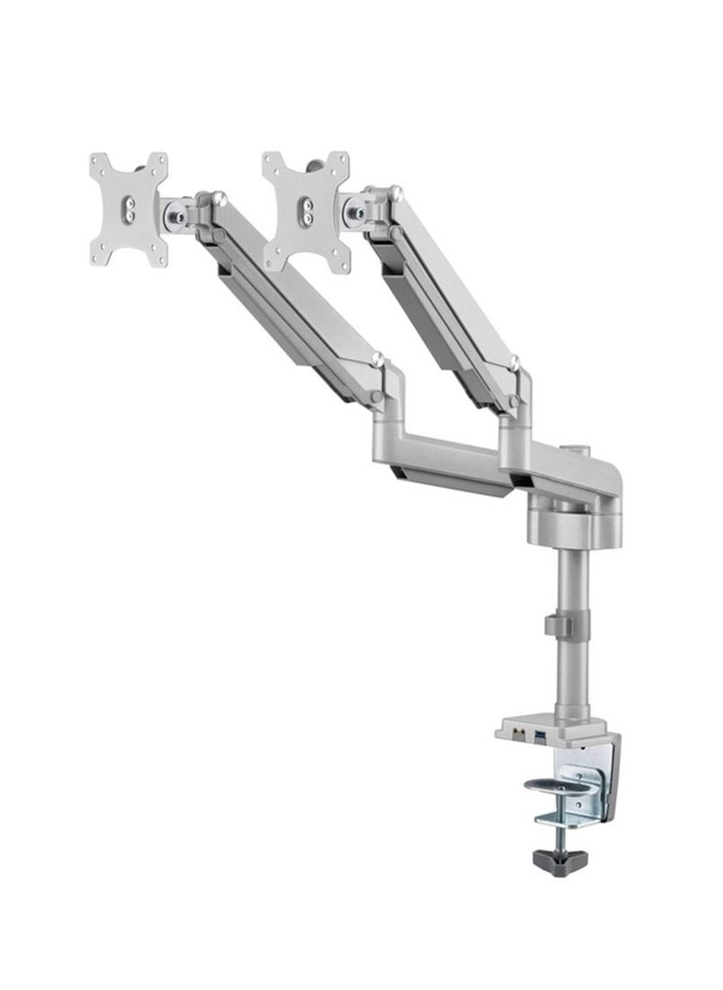 Monitor Arm Pole Mounted Gas Spring Aluminum built Dual Stand for Gaming and Office use with USB Port 17 to 32 inches Silver GGO-2076