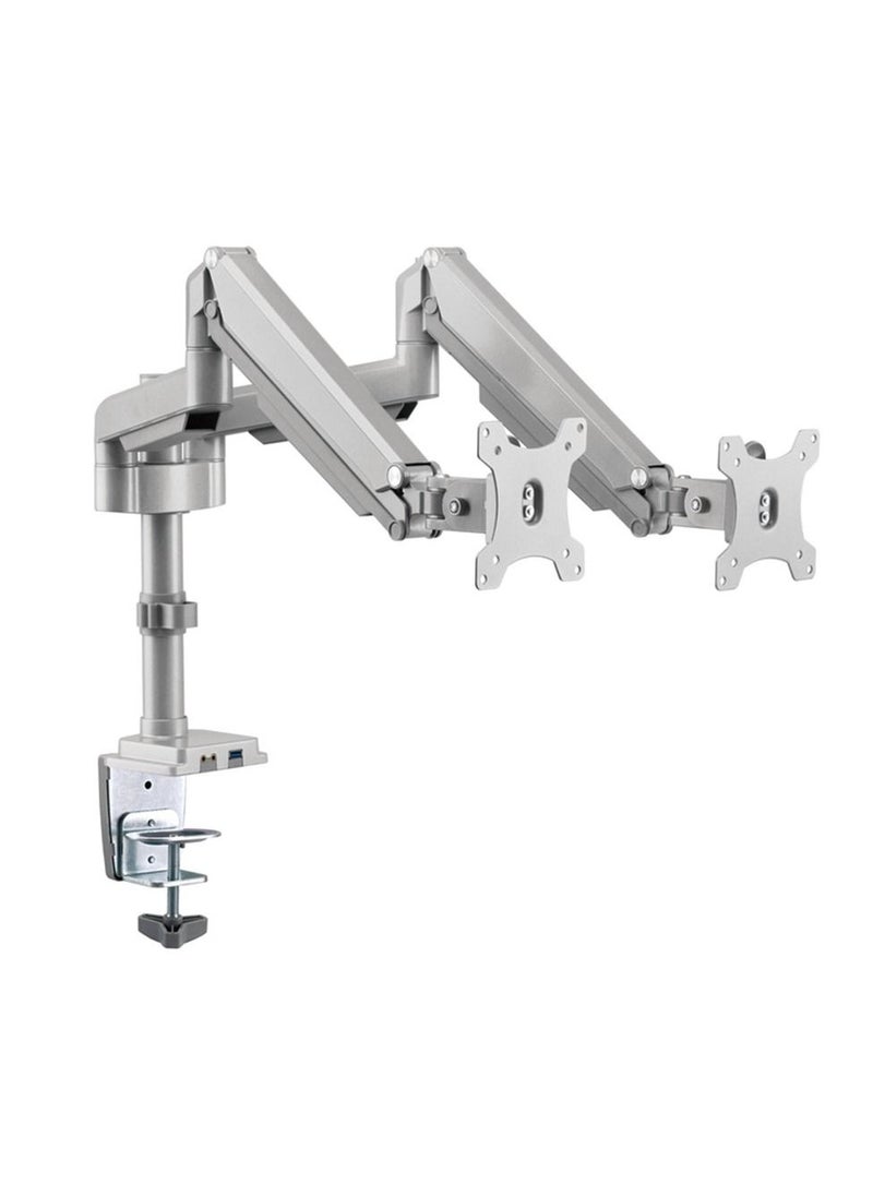 Monitor Arm Pole Mounted Gas Spring Aluminum built Dual Stand for Gaming and Office use with USB Port 17 to 32 inches Silver GGO-2076