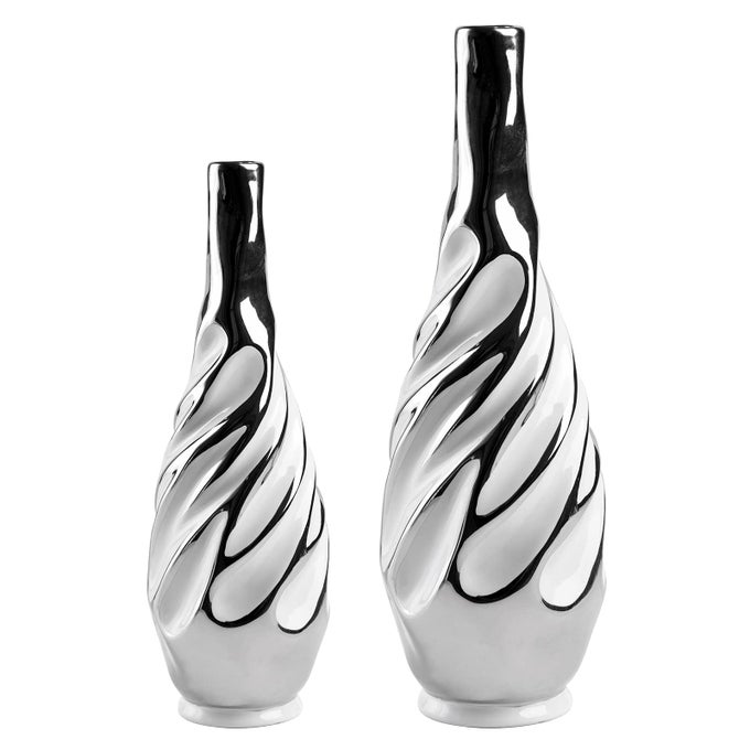 CERAMIC VASE SET OF 2 WHITE WITH SILVER MODERN HOME DCOR LIVING ROOM DRIED FLOWERS 14X6X6 INCHES