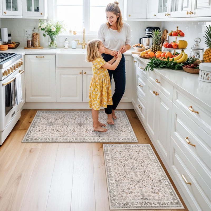 BYYVOO Kitchen Rugs Non-Slip Washable 2 Piece, Modern Boho Low Pile Stain-Resistant Floor Mats Set for Hardwood Floors, Soft Small Decorative Rugs (Beige, 2x3+2x4) - Image 3