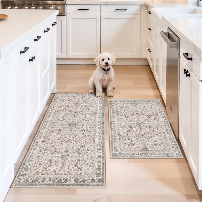 BYYVOO Kitchen Rugs Non-Slip Washable 2 Piece, Modern Boho Low Pile Stain-Resistant Floor Mats Set for Hardwood Floors, Soft Small Decorative Rugs (Beige, 2x3+2x4) - Image 1