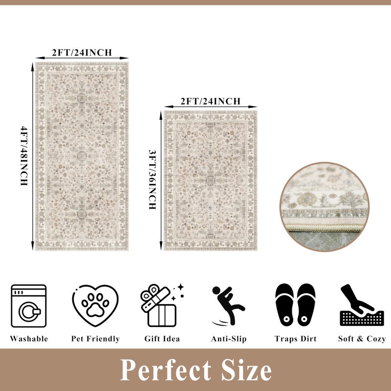 BYYVOO Kitchen Rugs Non-Slip Washable 2 Piece, Modern Boho Low Pile Stain-Resistant Floor Mats Set for Hardwood Floors, Soft Small Decorative Rugs (Beige, 2x3+2x4) - Image 2