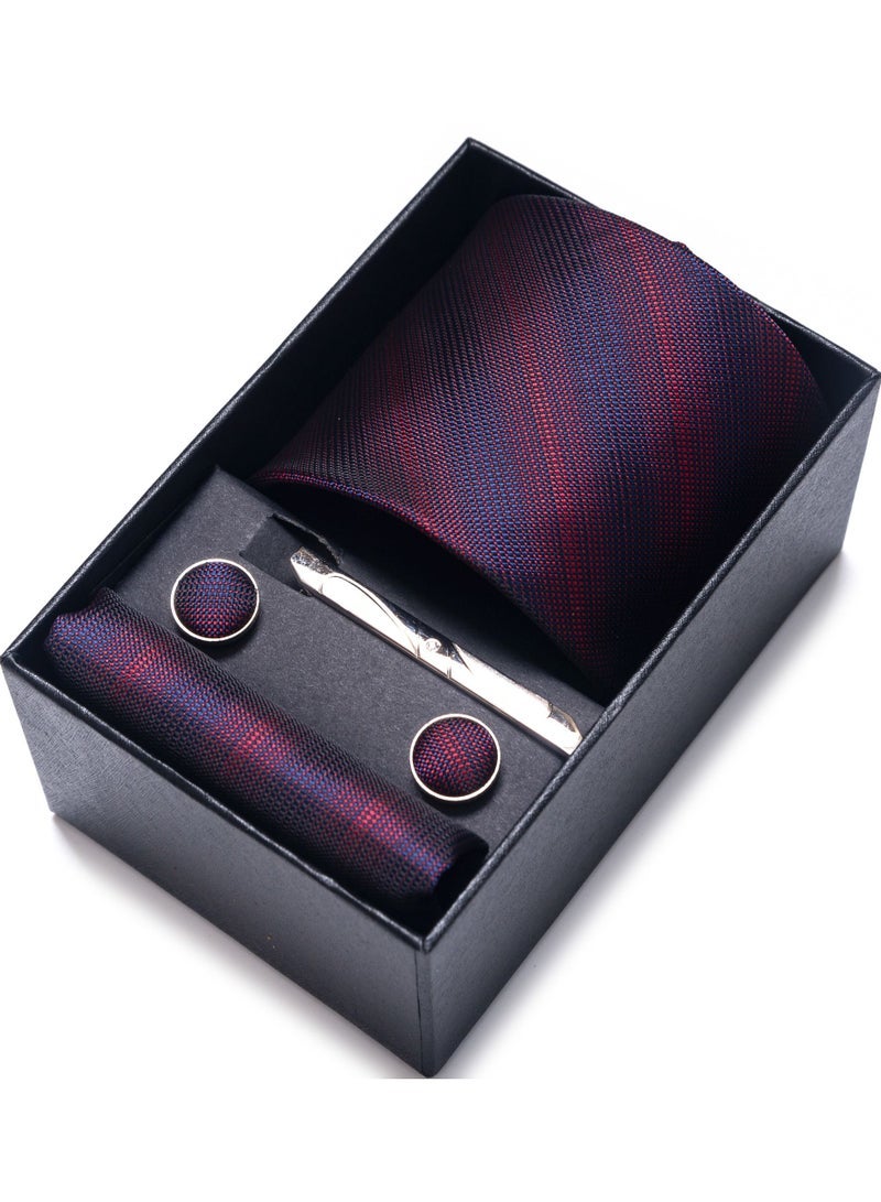 Men's Red And Blue Stripes Set with Pocket Square, Cufflinks & Tie Clip - Formal Tie with Handkerchief in Gift Box for Business, Wedding, Office, Parties & Corporate Gifting - Image 1