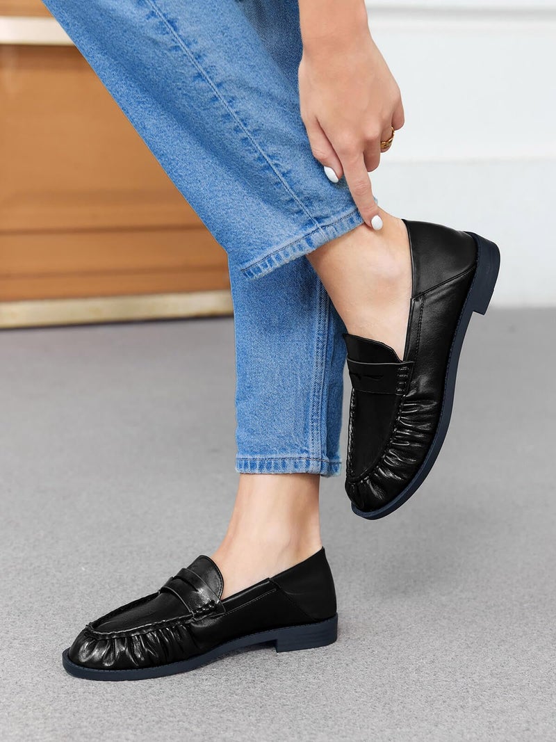 Coutgo Womens Penny Loafers for Women Comfortable Slip on Shoes Collapsible Heel Closed Toe Dressy Casual Work Flats, Black, Size 7 - Image 3