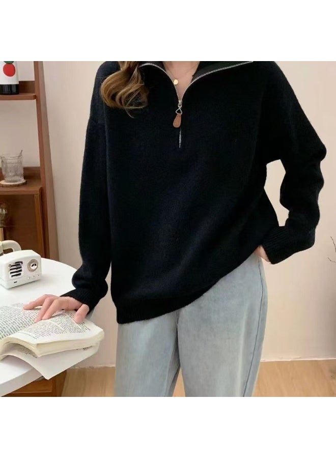 NIBEMINENT Women Turn Down Collar Zip Collar Long Lantern Sleeve Knitted Korean knitted Pullover Sweater Tops - Image 2