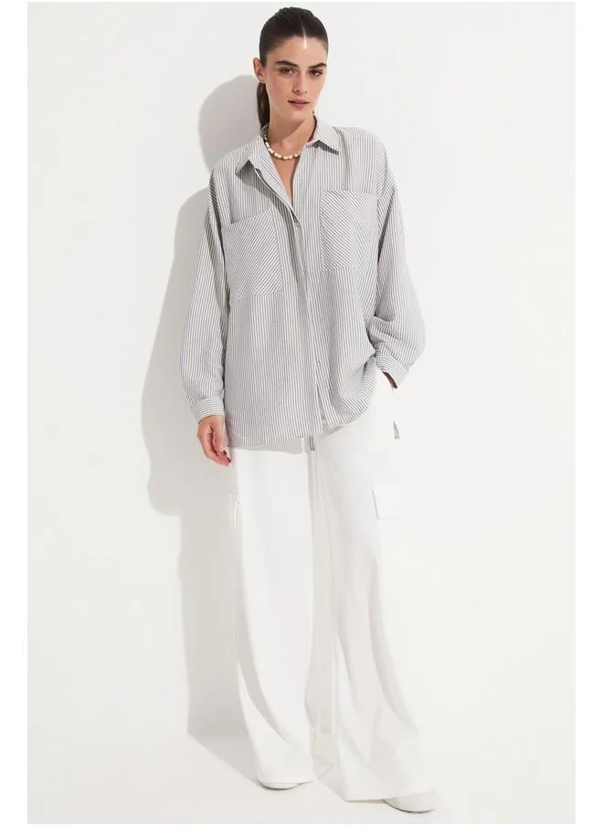 JUNE June Women Striped Woven Shirt with Pocket Detail Black