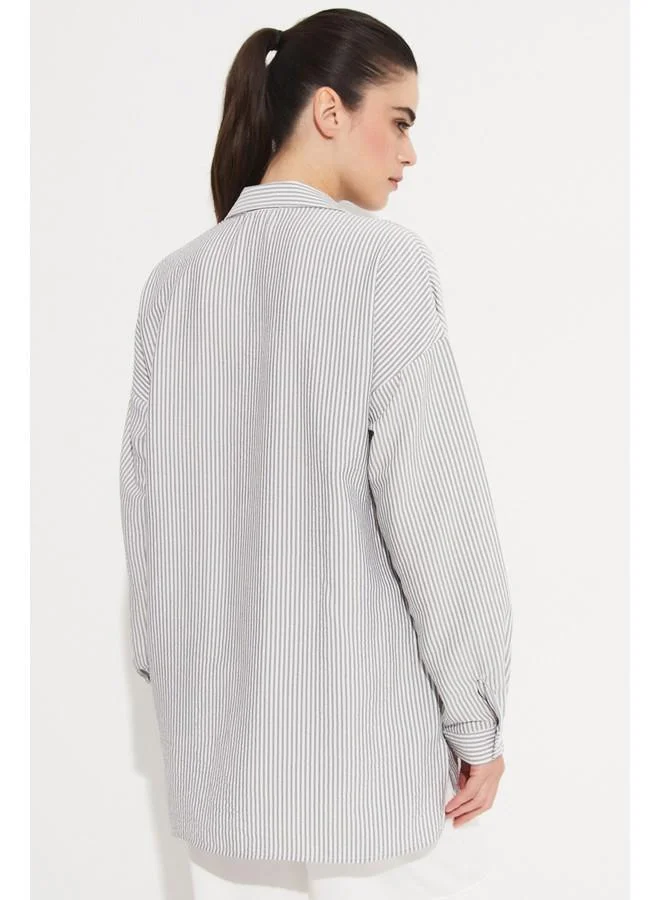 JUNE June Women Striped Woven Shirt with Pocket Detail Black