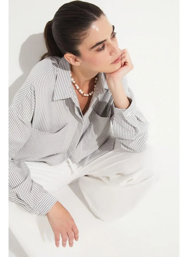 JUNE June Women Striped Woven Shirt with Pocket Detail Black
