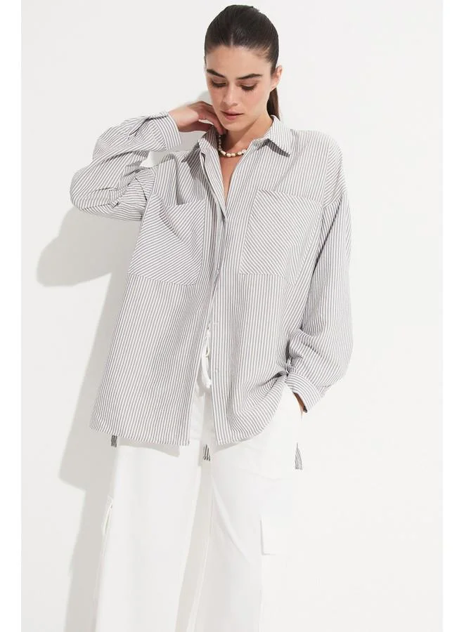 JUNE June Women Striped Woven Shirt with Pocket Detail Black
