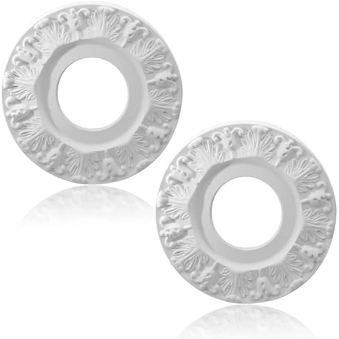 2 PCS LIGHTING CEILING MEDALLIONS FOR LIGHT FIXTURES AND CEILING FANS, 10" OD WHITE CARVED FLOWER CEILING COVER PLATE, PU CEILING FAN MEDALLION 10" OD X 4" ID - Image 1