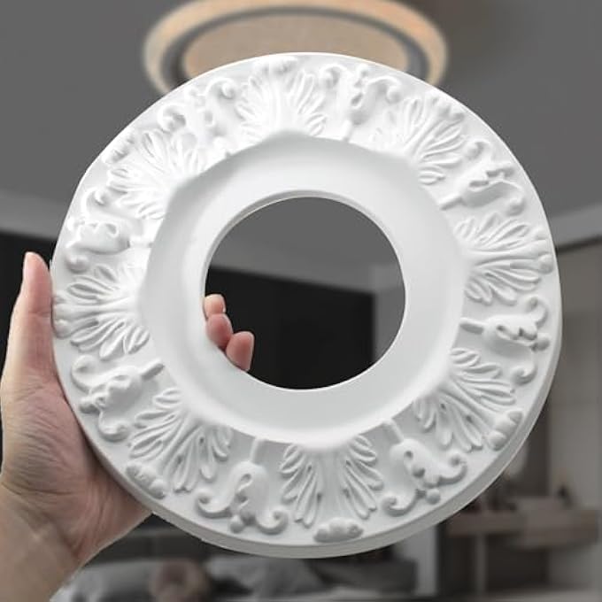 2 PCS LIGHTING CEILING MEDALLIONS FOR LIGHT FIXTURES AND CEILING FANS, 10" OD WHITE CARVED FLOWER CEILING COVER PLATE, PU CEILING FAN MEDALLION 10" OD X 4" ID - Image 3